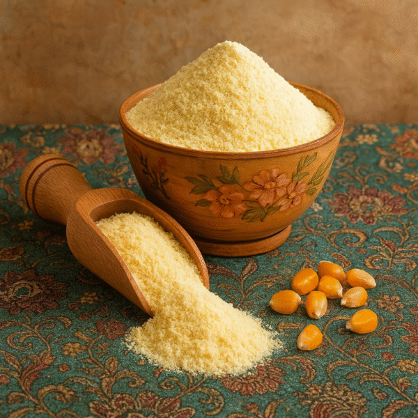 عکس آرد ذرت در ظرف چوبی کنار چندعدد دانه ذرت، عرضه محصولات عطاری آنلاین مستر هِل