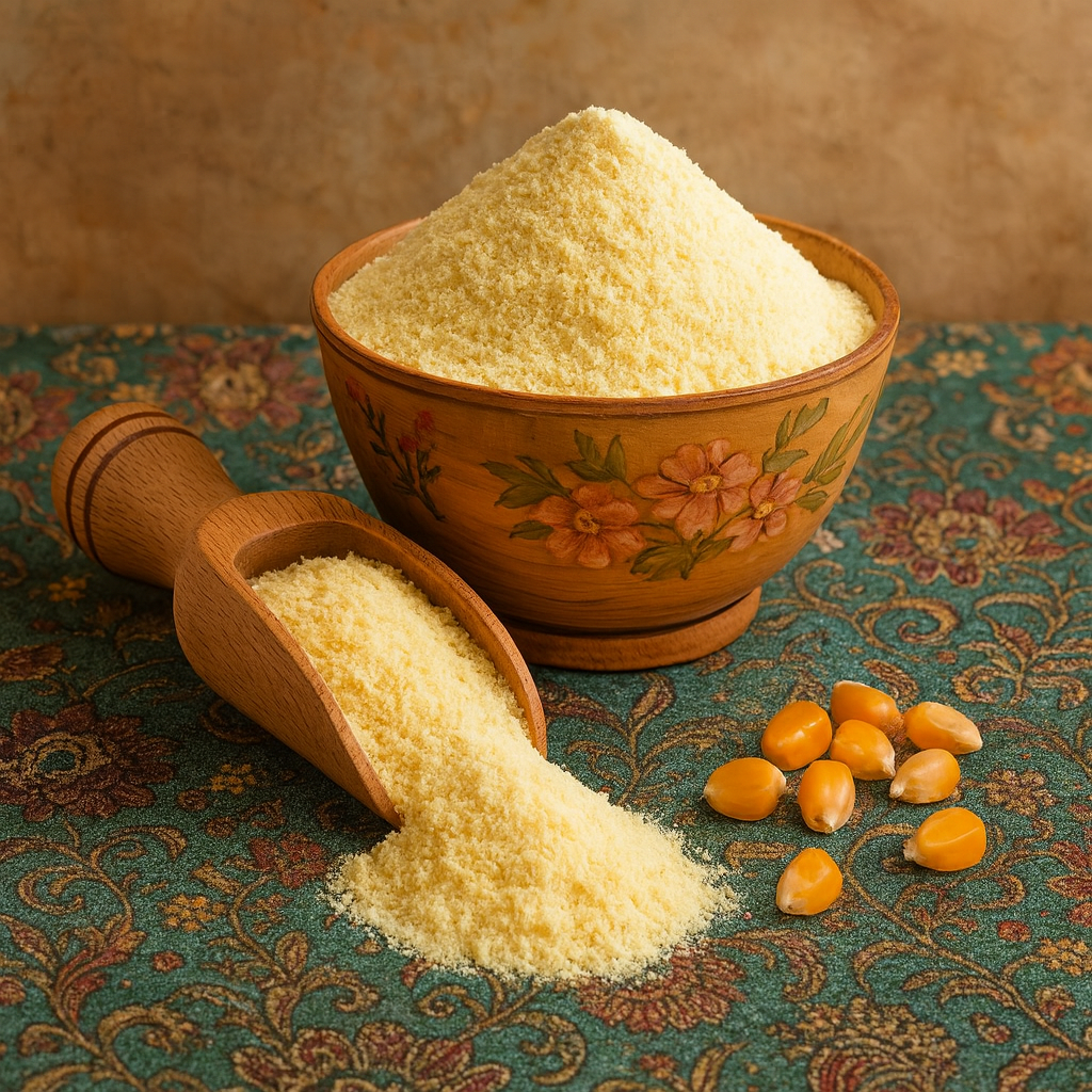 عکس آرد ذرت در ظرف چوبی کنار چندعدد دانه ذرت، عرضه محصولات عطاری آنلاین مستر هِل