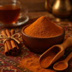 تصویر محصول دارچین پودر در کنار چوب دارچین برای فروش آنلاین محصولات عطاری مستر هل