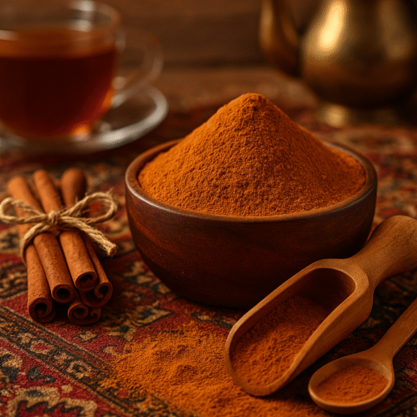 تصویر محصول دارچین پودر در کنار چوب دارچین برای فروش آنلاین محصولات عطاری مستر هل