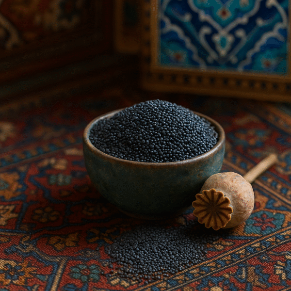 تصویر یک ظرف پیاله مسی از دانه های خشخاش کنار گیاه آن که روی گلیم و با پس زمینه سنتی کاشی کاری ایرانی قرار دارد. عرضه محصولات عطاری انلاین مستر هِل
