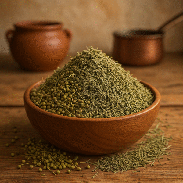 عکس مخلصه در یک پیاله چوبی که در پس زمینه فضای سنتی ظرف مسی و گلی هست. عرضه محصولات سایت مستر هِل