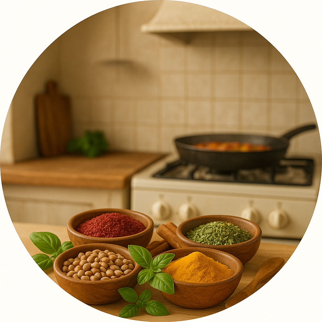 ظروف سفالی حاوی ادویه، حبوبات و سبزی خشک در آشپزخانه سنتی ایرانی با اجاق گاز و قابلمه در حال پخت، نماد آشپزخانه سلامت و تغذیه طبیعی