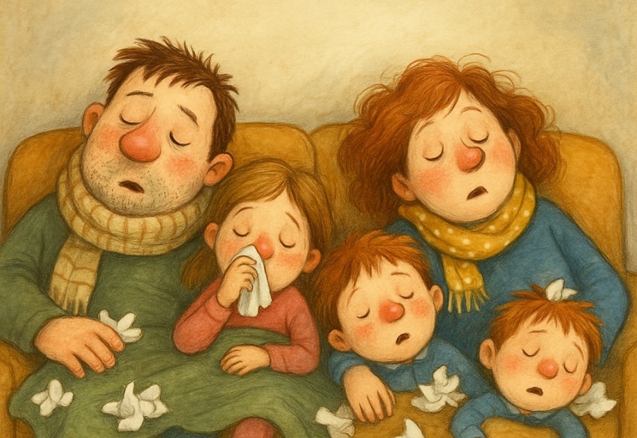 یک خانواده در تصویر نمایش داده شده که همگی با هم سرماخورده و با بینی قرمز و دستمال کاغذی افتاده در اطراف مبل بی‌حال روی مبل افتاده‌اند.