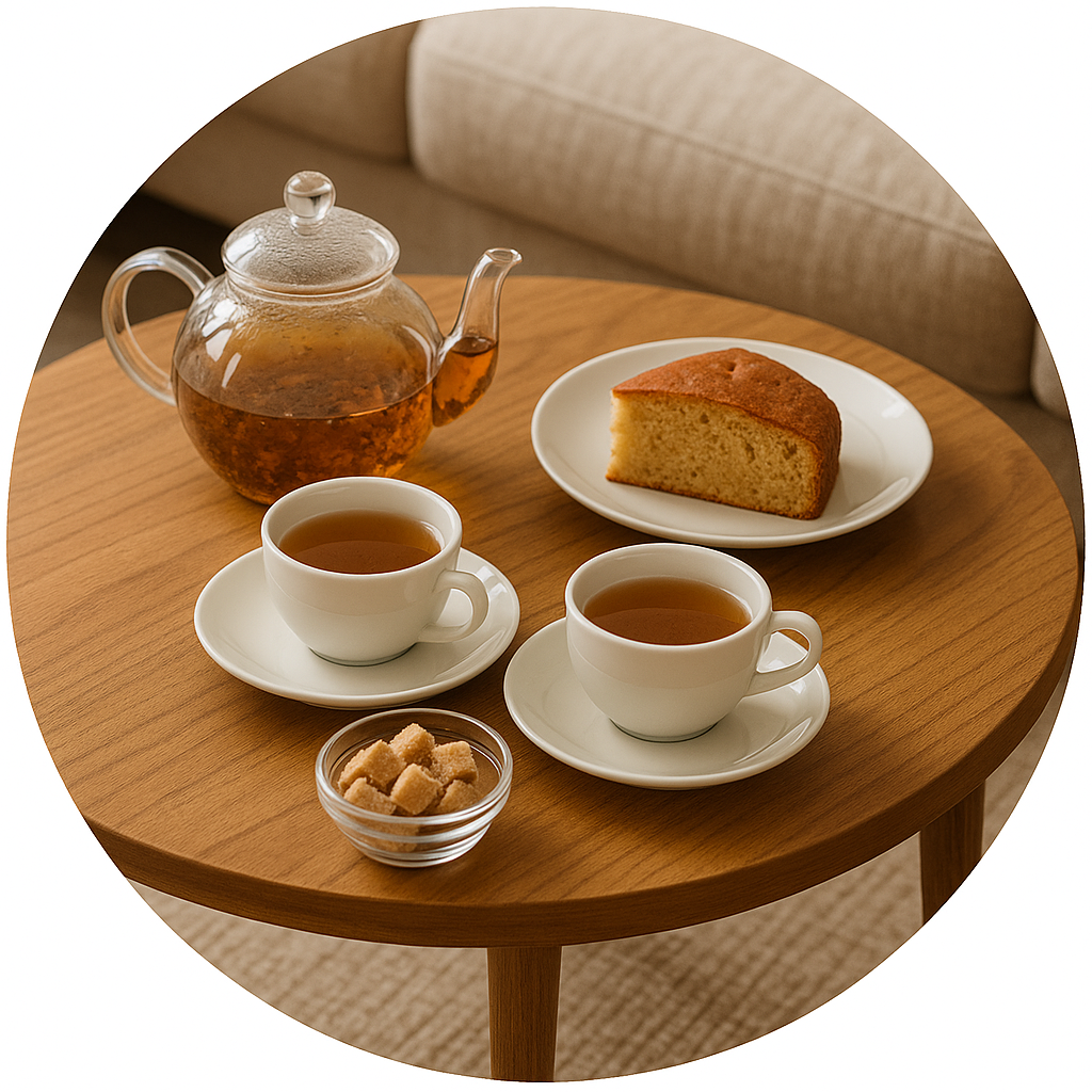 یک دمنوش در قوری و کیکی که با شکر قهوه‌ای و آرد ارگانیک تهیه شده فرصت خوبی برای نشستن با خانواده در بعدازظهرهاست. این موارد روی میز عسلی به تصویر کشیده شده‌اند.