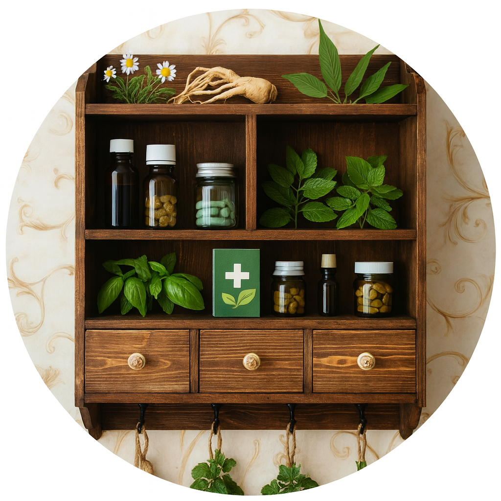 قفسه‌ی کوچک چوبی که گیاهان دارویی و داروهای گیاهی در آن چیده شده‌اند.